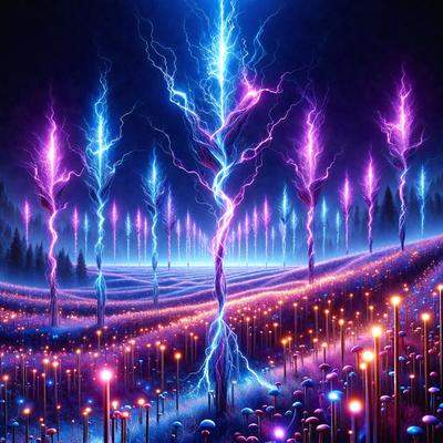 The primary subject of the image is a tree with purple and blue lightning bolts coming out of it. The tree is surrounded by a field of purple flowers, creating a vibrant and colorful scene. The visual style of the image is digital art, with the tree and flowers appearing as if they are made of lightning bolts and purple flowers. The colors and mood of the image are lively and energetic, with the purple and blue lightning bolts adding a sense of excitement and wonder to